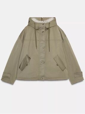 New Zara faux fur hooded short parka in khaki